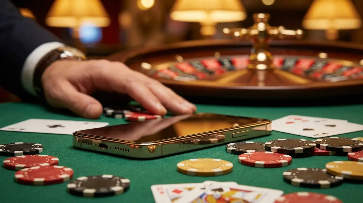 Smartphone mit Casino-Chips und Spielkarten auf grünem Filz