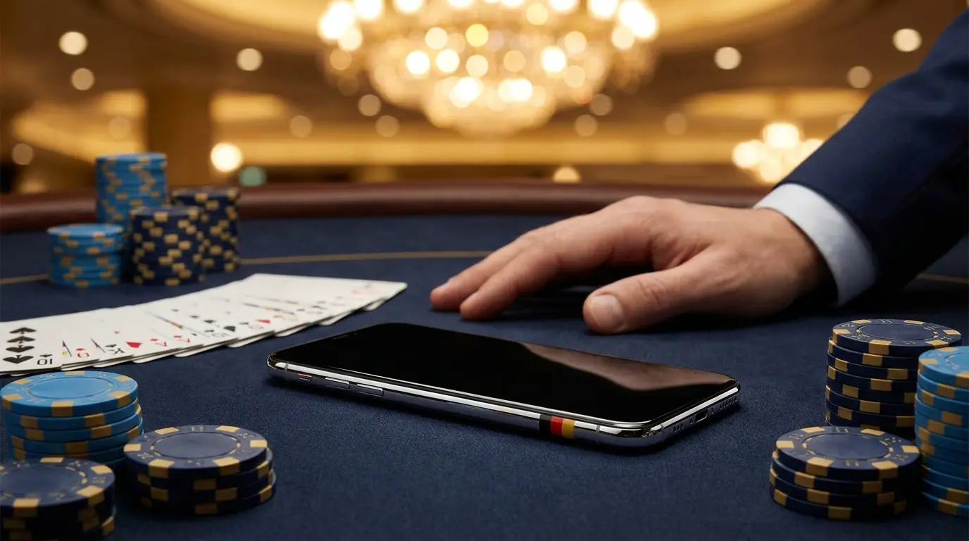 Smartphone mit Casino-Chips und Karten auf grünem Filz