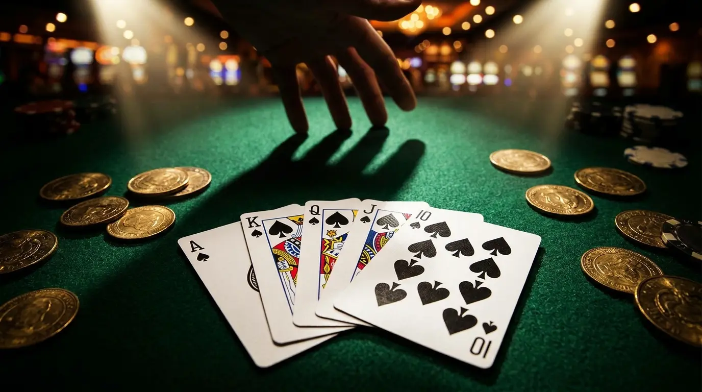 Gewinnende Pokerkarten mit Goldmünzen auf grünem Filz