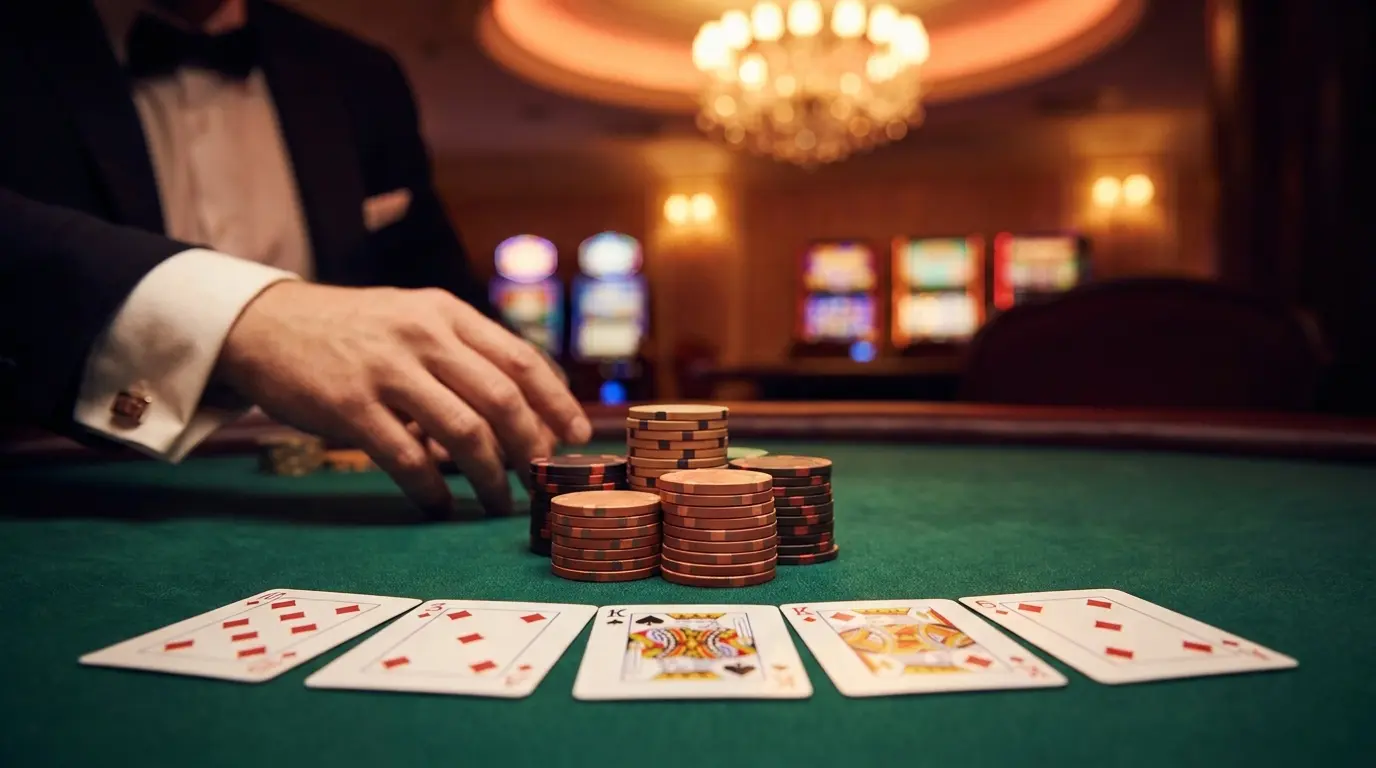 Poker-Chips und Spielkarten auf grünem Filz in Casino-Atmosphäre