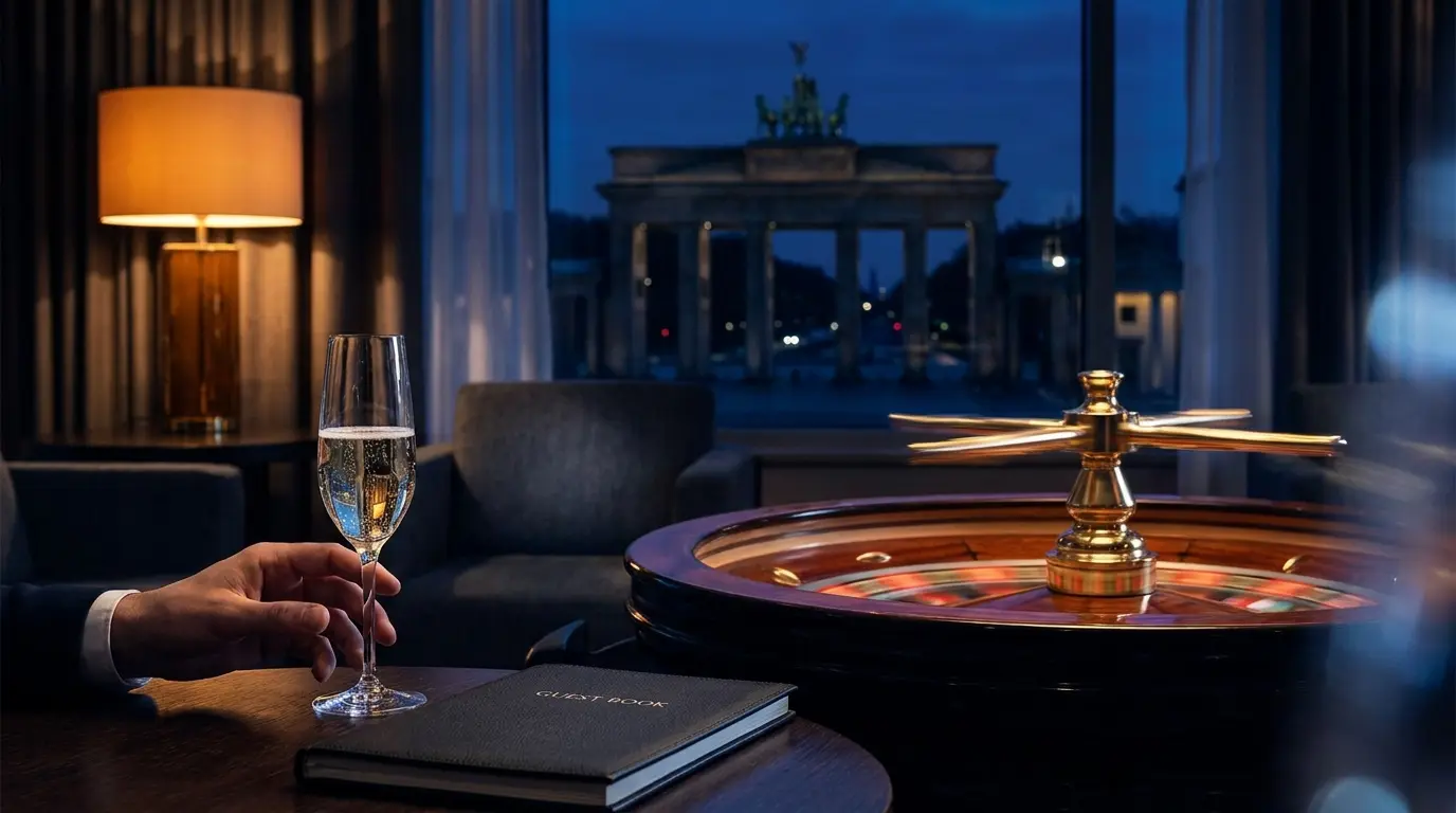 Roulette-Rad mit Champagner und Berliner Stadtsilhouette