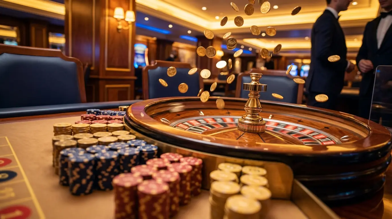 Roulette-Rad mit fallenden Münzen für sofortige Gewinnauszahlung