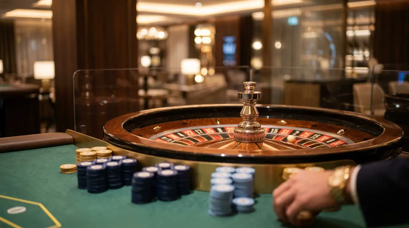 Roulette-Rad mit deutschen Farben in modernem Casino