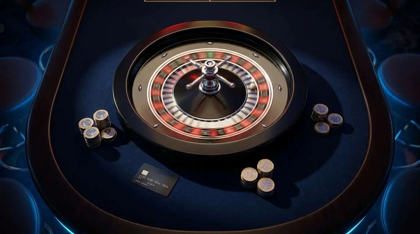 Roulette-Rad mit Kreditkarte und Euro-Münzen von oben