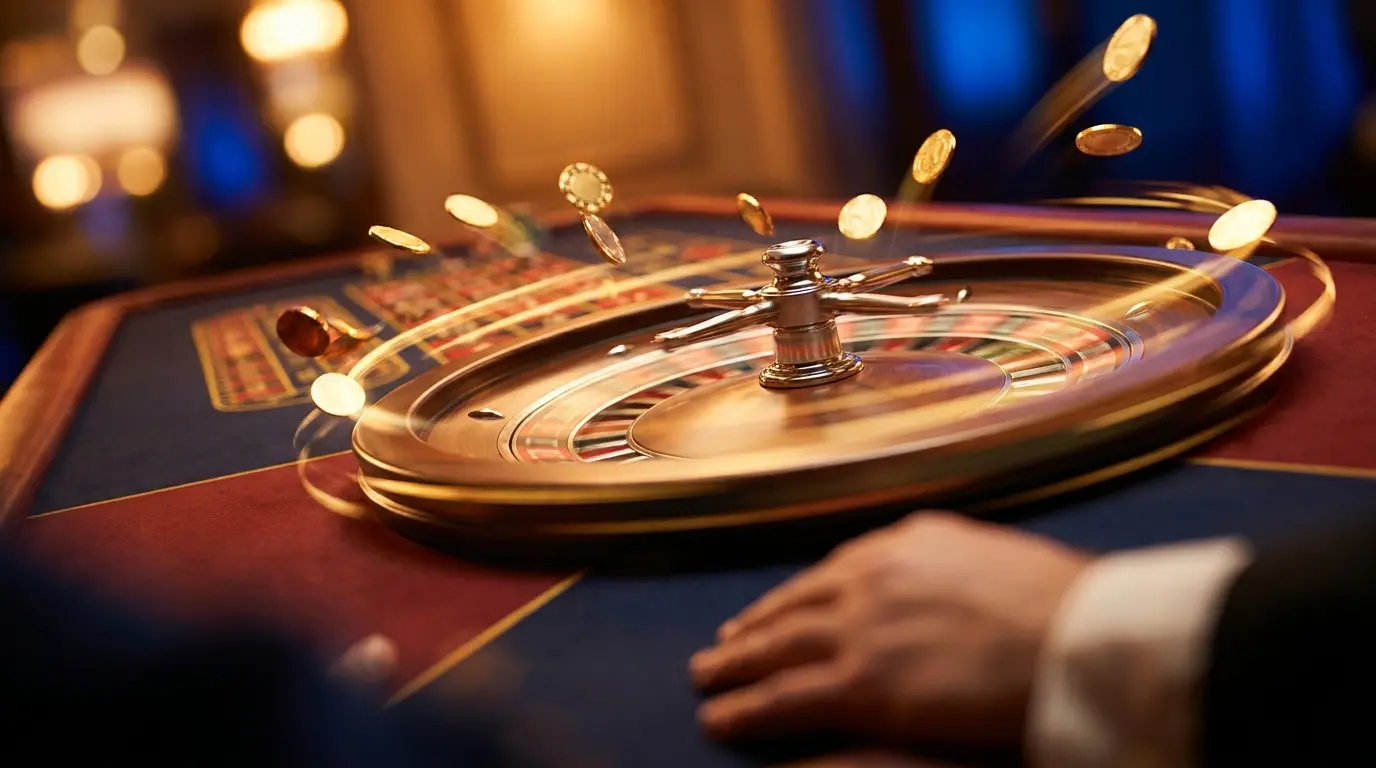 Roulette-Rad mit fliegenden Münzen in Casino-Atmosphäre