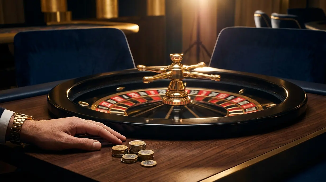 Drehendes Roulette-Rad mit Euro-Münzen in deutschem Casino