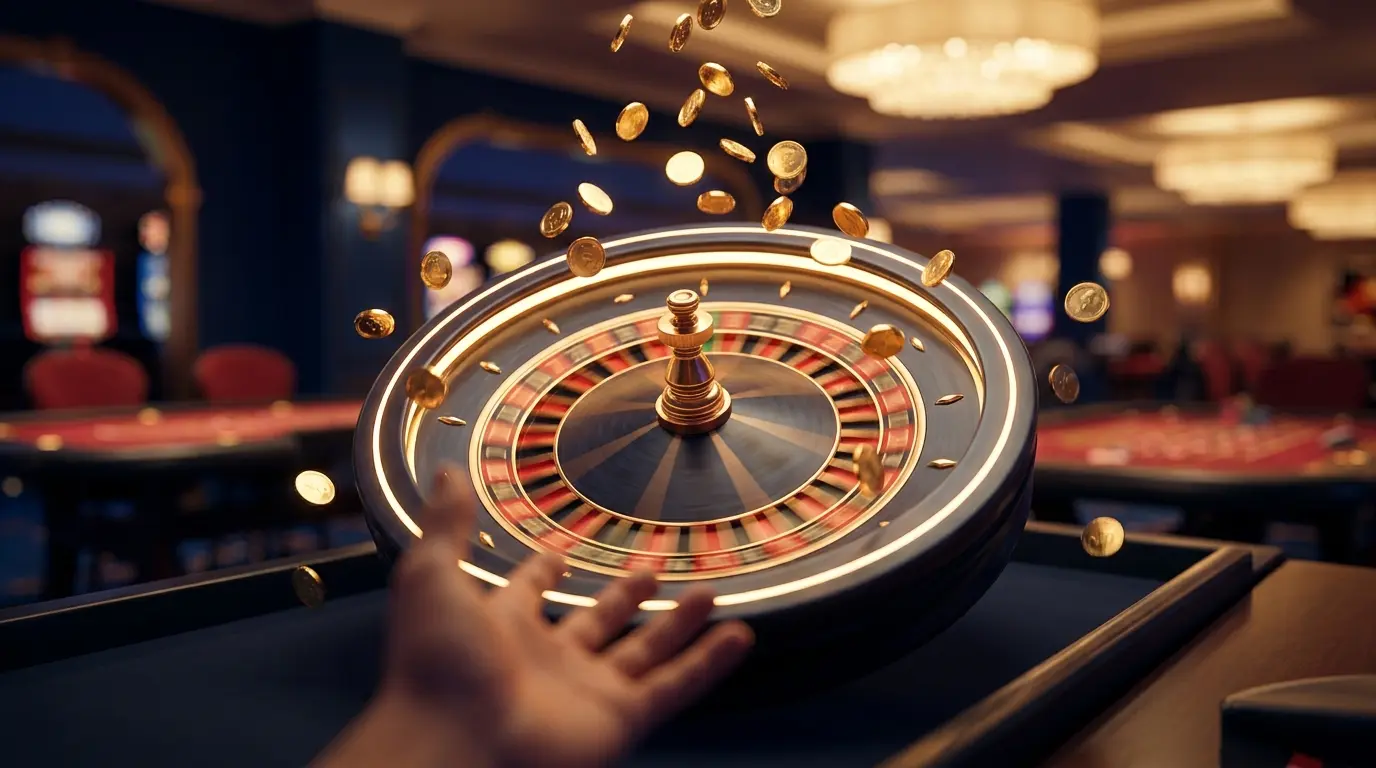 Roulette-Rad mit fallenden Münzen für Casino-Bonusangebote