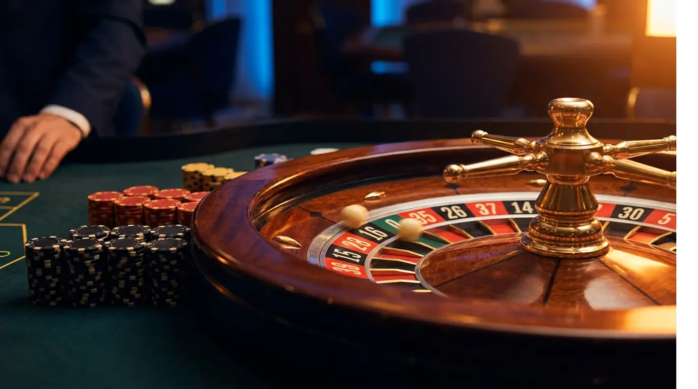 Roulette-Rad mit Ball und Casino-Chips in schwarz-rot-gold