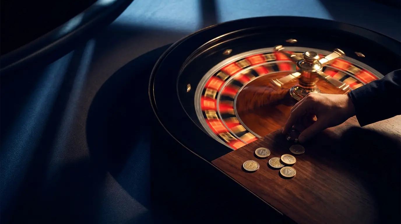 Roulette-Rad mit wenigen Euro-Münzen in stimmungsvollem Licht
