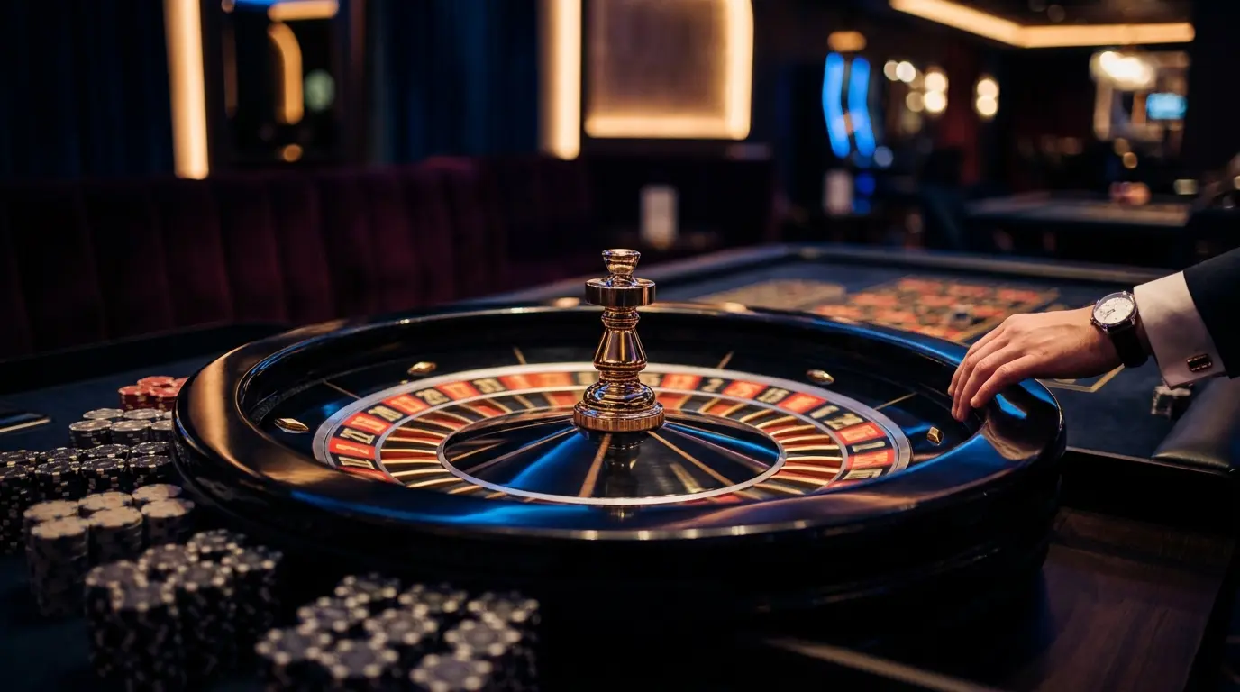 Drehendes Roulette-Rad mit Chips in deutschen Farben