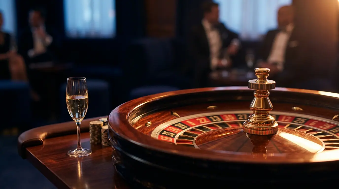 Sich drehendes Roulette-Rad mit Chips und Champagnerglas