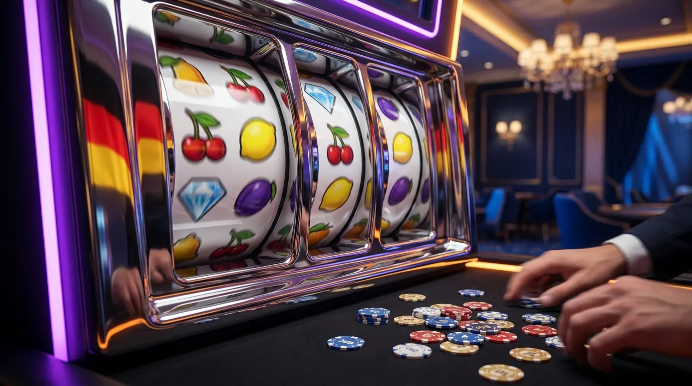 Spielautomaten-Walzen mit Casino-Chips in deutschen Farben