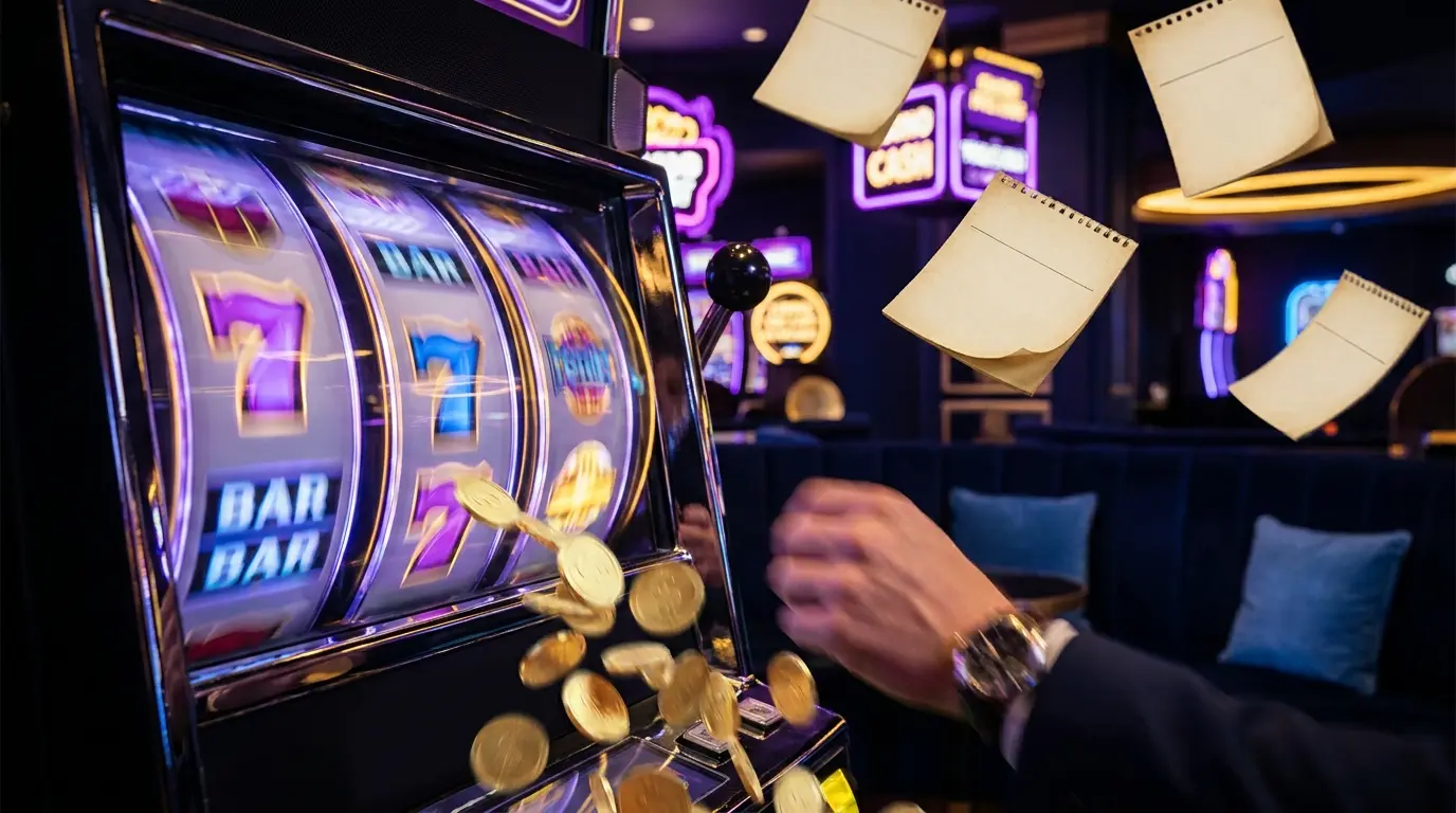Spielautomaten-Walzen mit fallenden Münzen und täglichen Freispielen