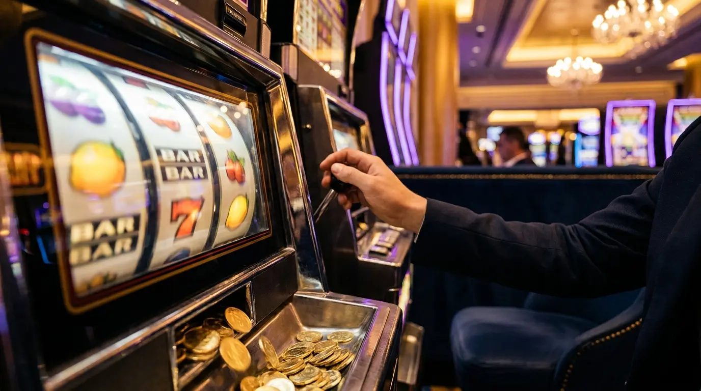 Spielautomaten-Walzen mit fallenden goldenen Münzen
