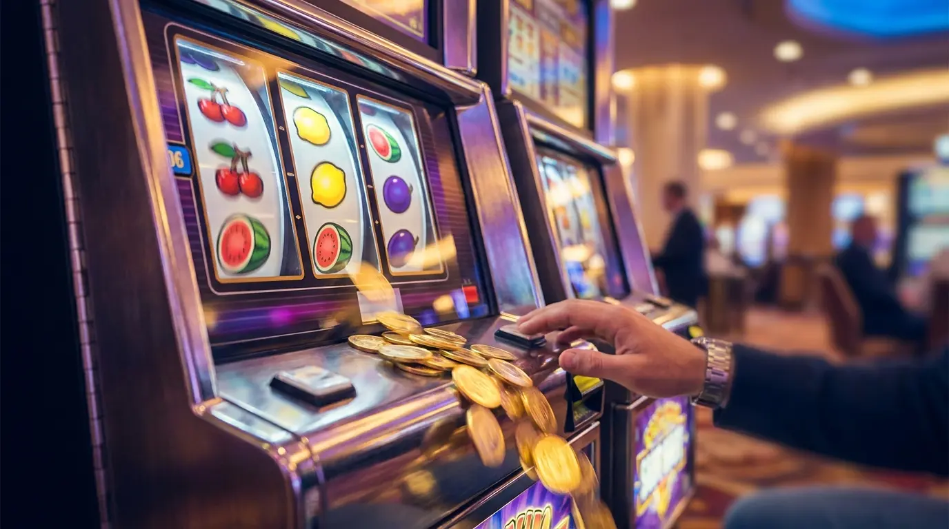 Spielautomaten-Walzen mit fallenden Münzen in Casino-Beleuchtung
