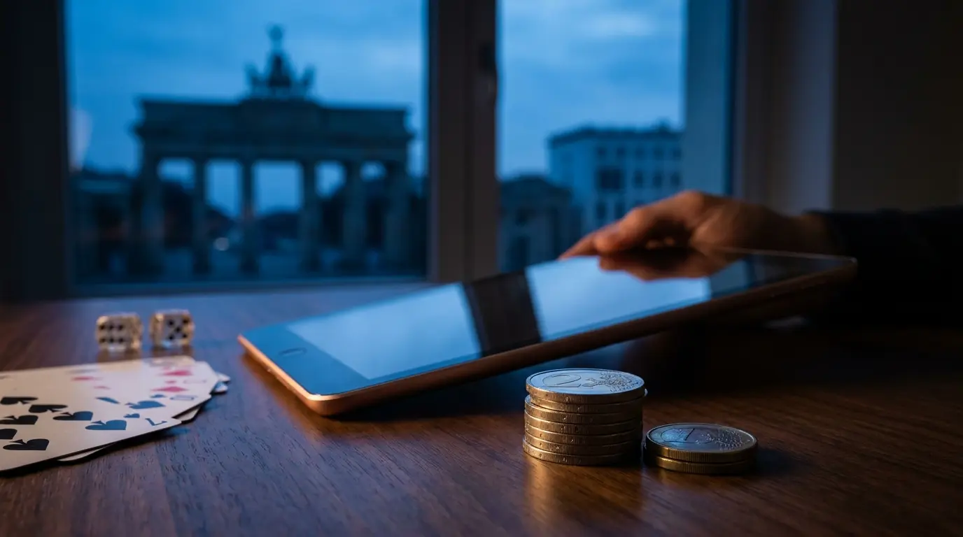 Tablet mit Casino-Elementen und Berlin-Skyline im Hintergrund