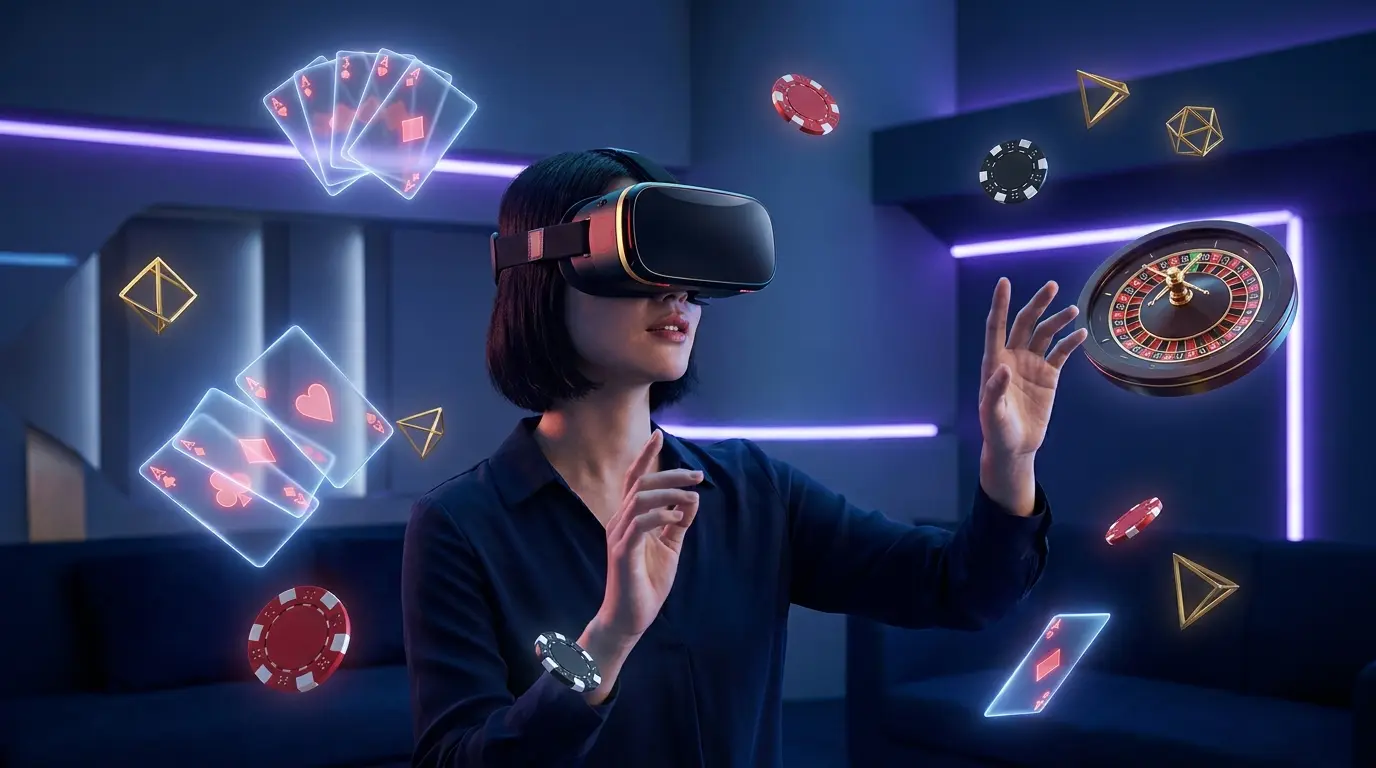 VR-Headset umgeben von schwebenden Casino-Elementen und Lichteffekten