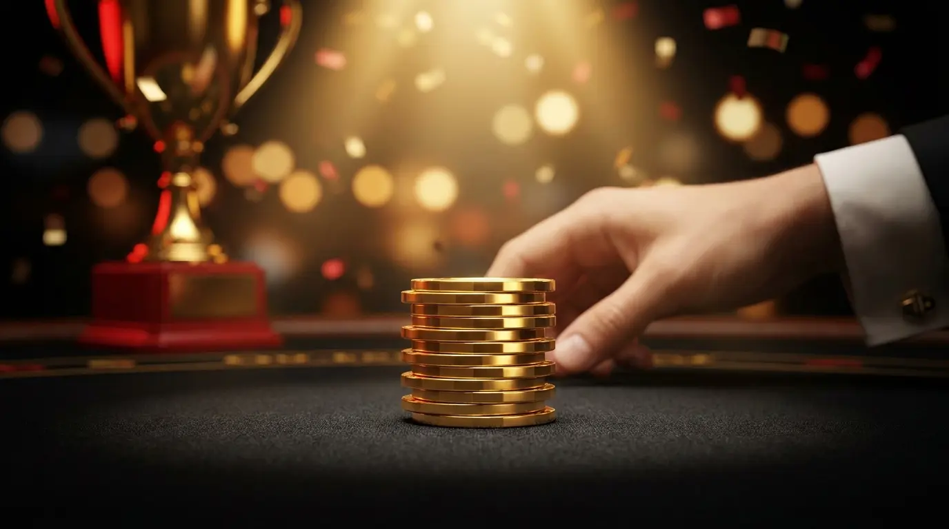 Casino-Chips und Siegertrophäe mit goldenem Licht