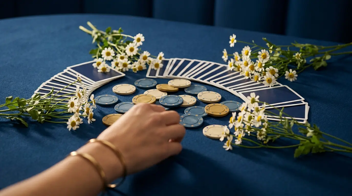 Casinochips og spillekort omgivet af bellis blomster på filt