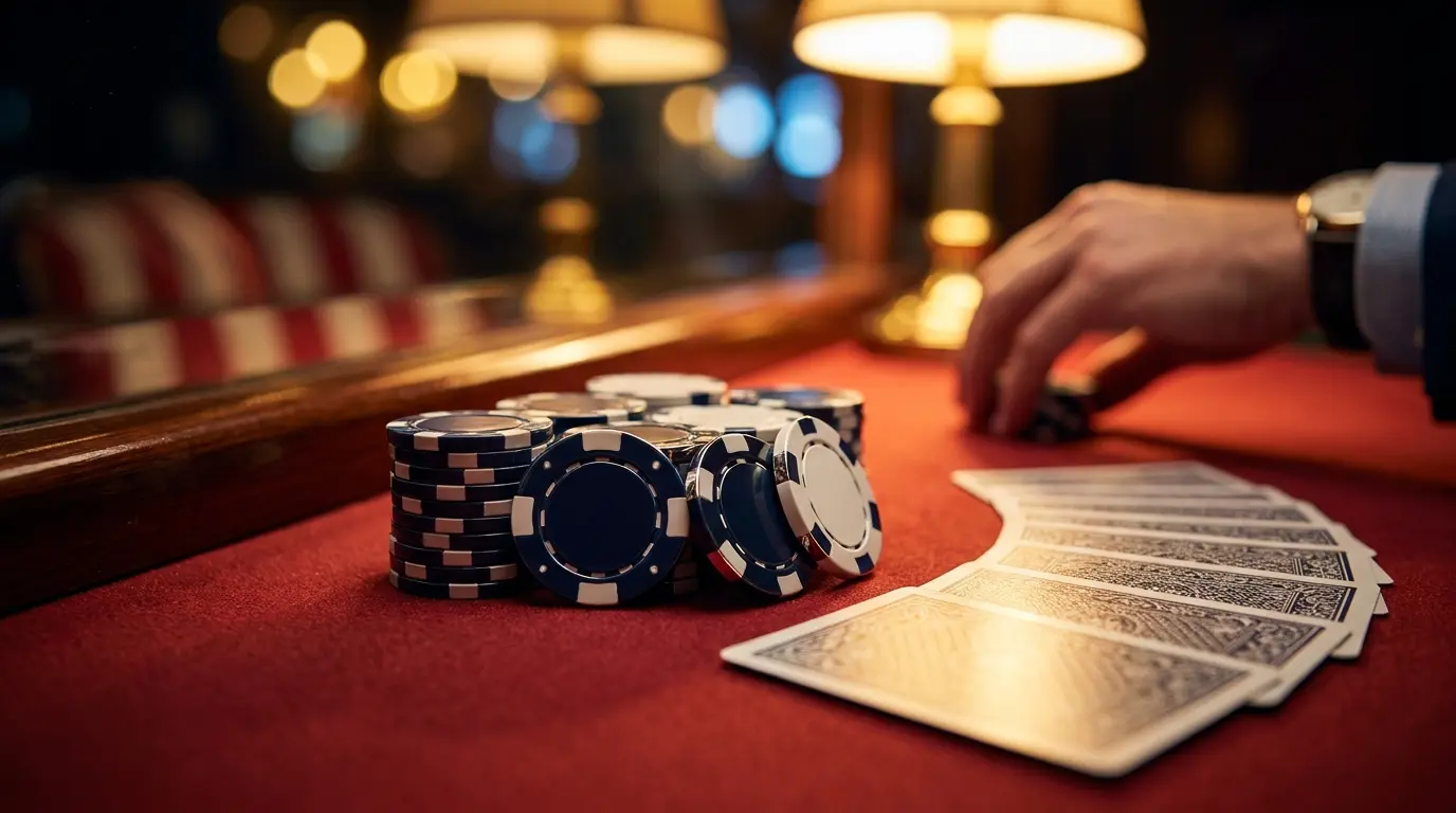 Casinojetons og spillekort på rød filt med dansk farvetema