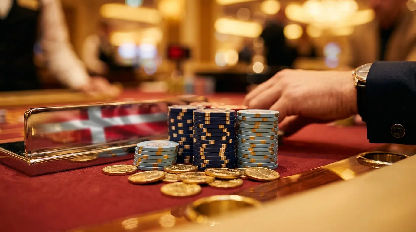 Casinochips og guldmønter på rød filt med dansk farveaccent