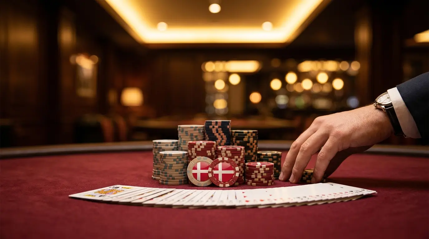Casinomarker og spillekort på rød filt med dansk farvetema