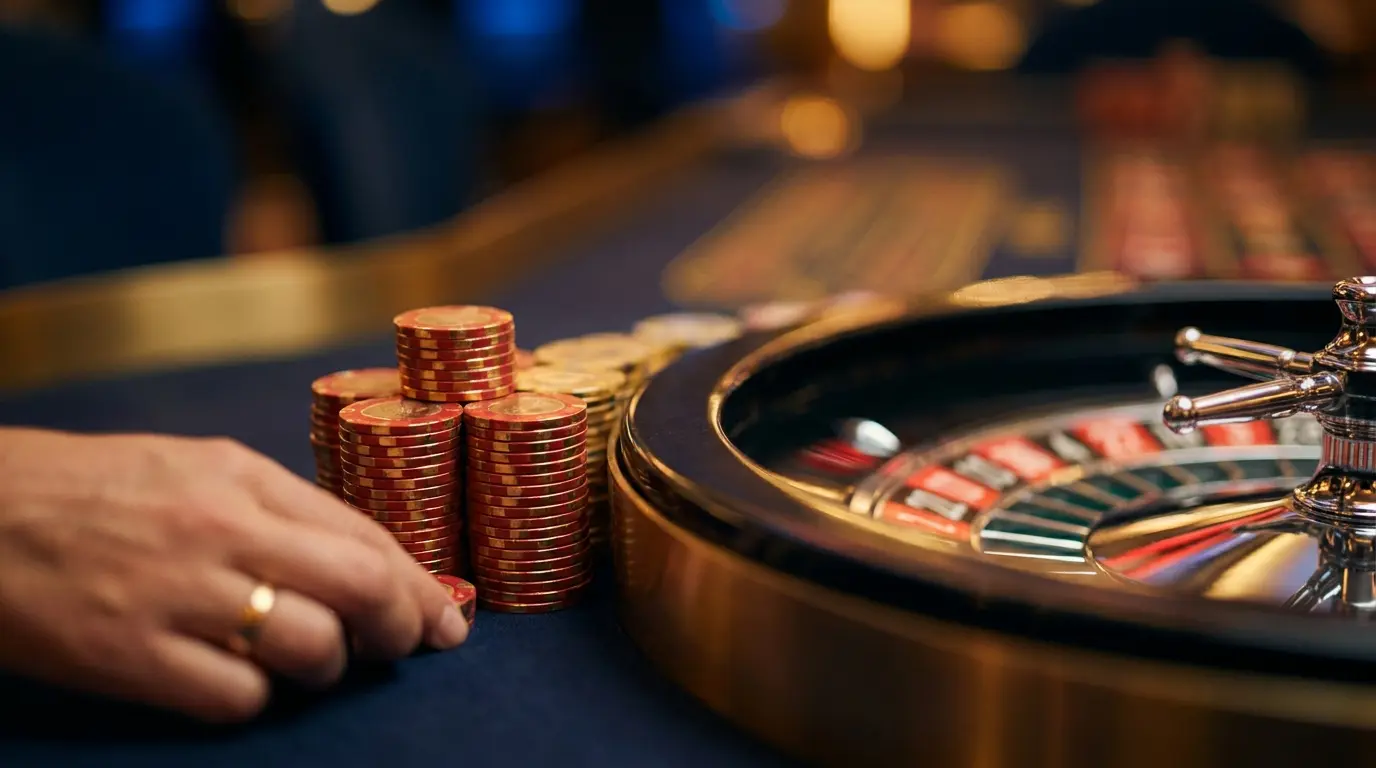 Casinochips og roulettehjul i elegant dansk-inspireret komposition