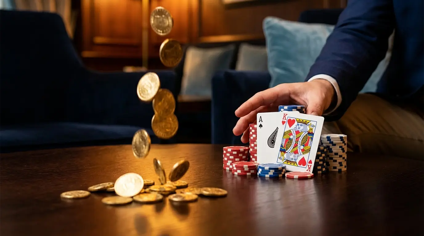 Guldmønter og pokerbrikker med spillekort i luksus casino miljø