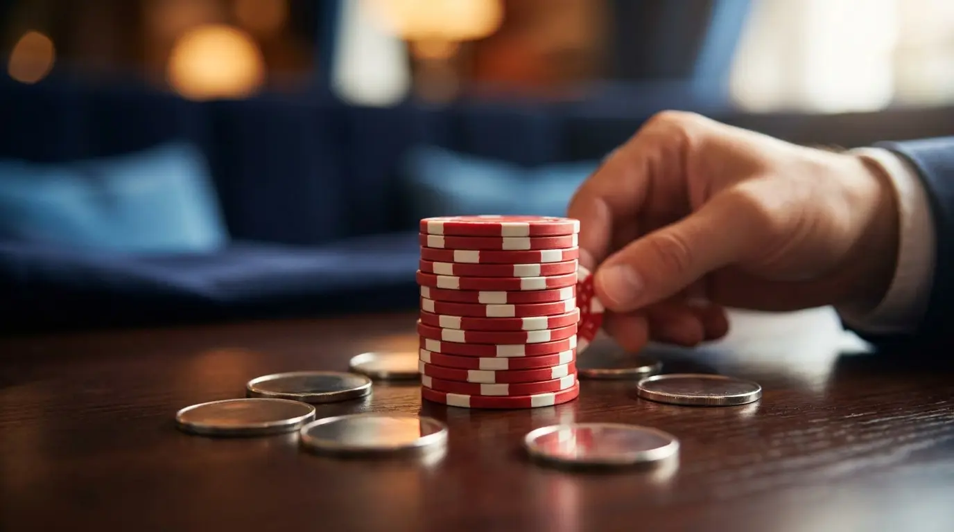 Casino jetoner og mønter i dansk flag farver på mørkt træ