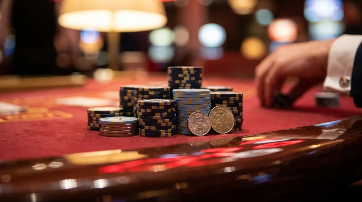 Casinochips og danske mønter på rødt filt bord
