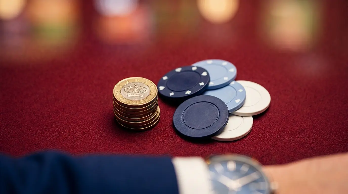 Danske kroner og casino jetoner på rød følt