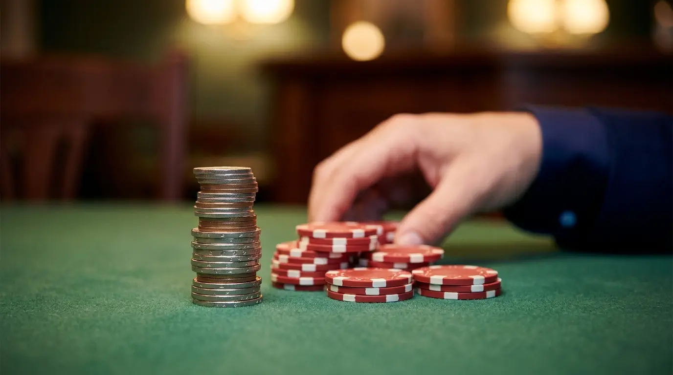Danske kroner mønter og poker chips på casino bord