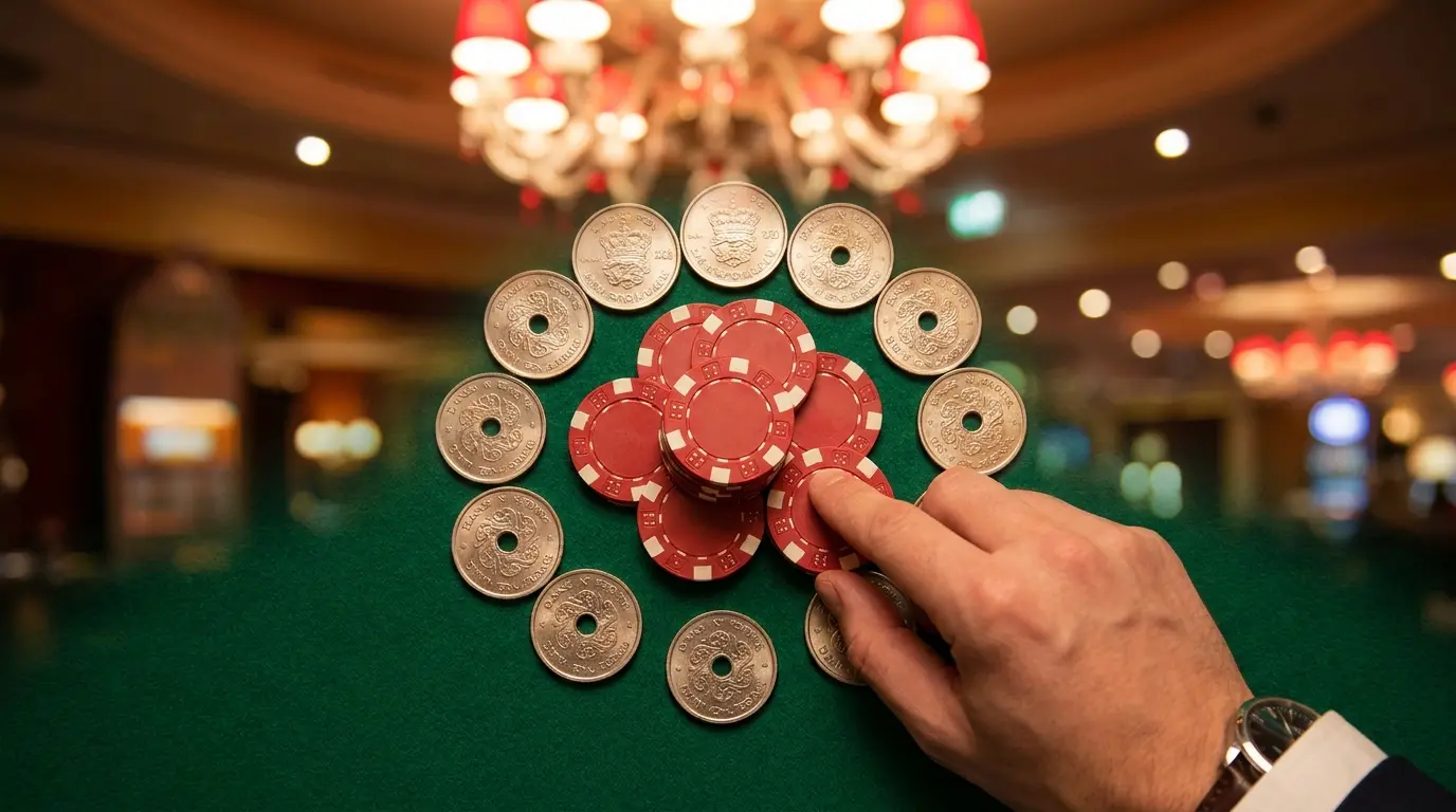 Danske mønter og casino chips på grønt bord med lys baggrund