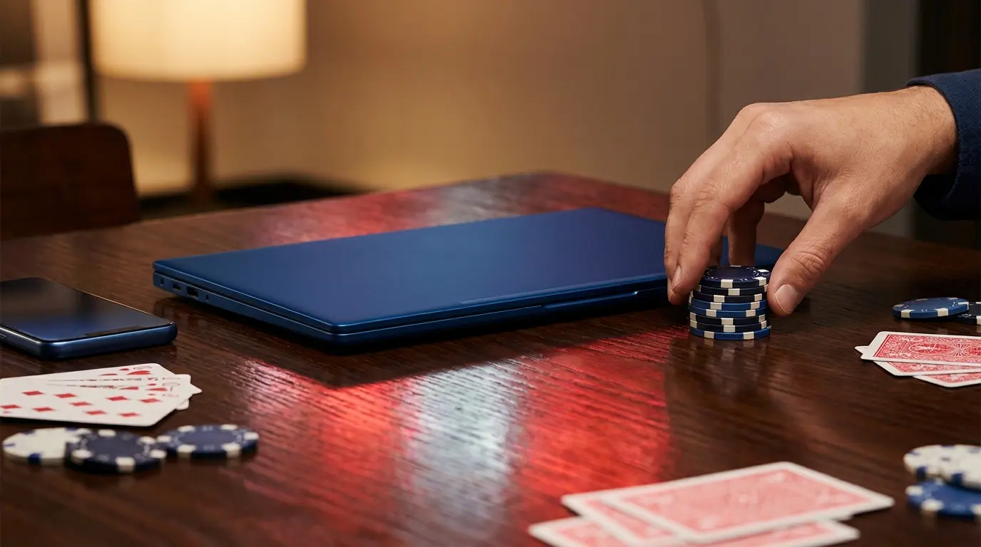 Smartphone og casino chips på mørkt træbord med danske farver