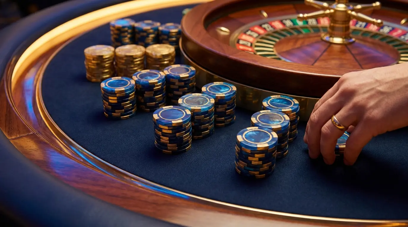 Casinofiches på blåt filt med gyldne refleksioner og roulettebord