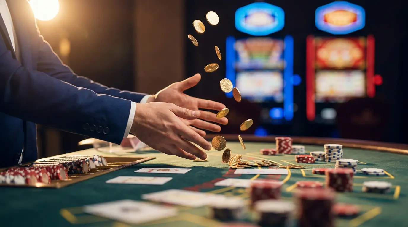 Guldmønter i luften over pokerbord med casino-atmosfære