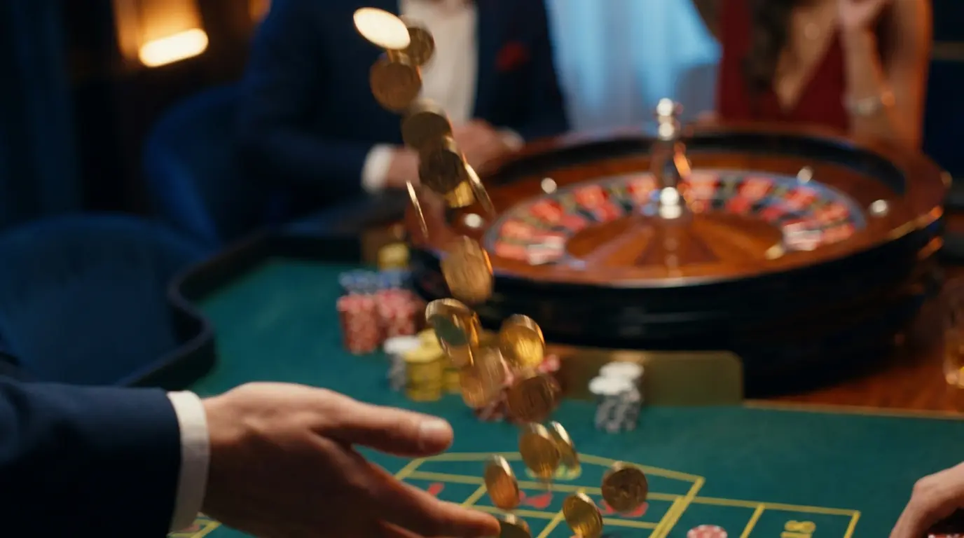 Guldmønter falder på casinobord med roulette i baggrunden