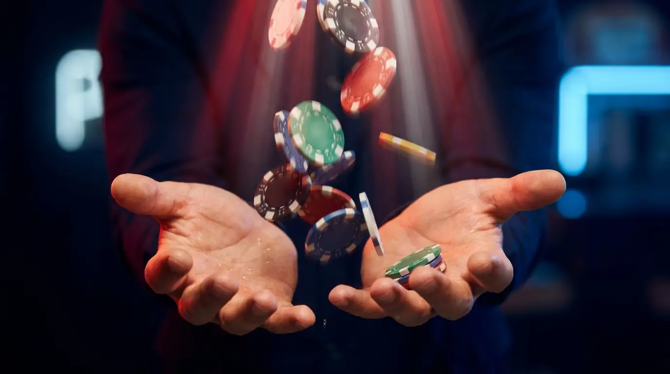 Hænder modtager faldende casinochips i dramatisk belysning