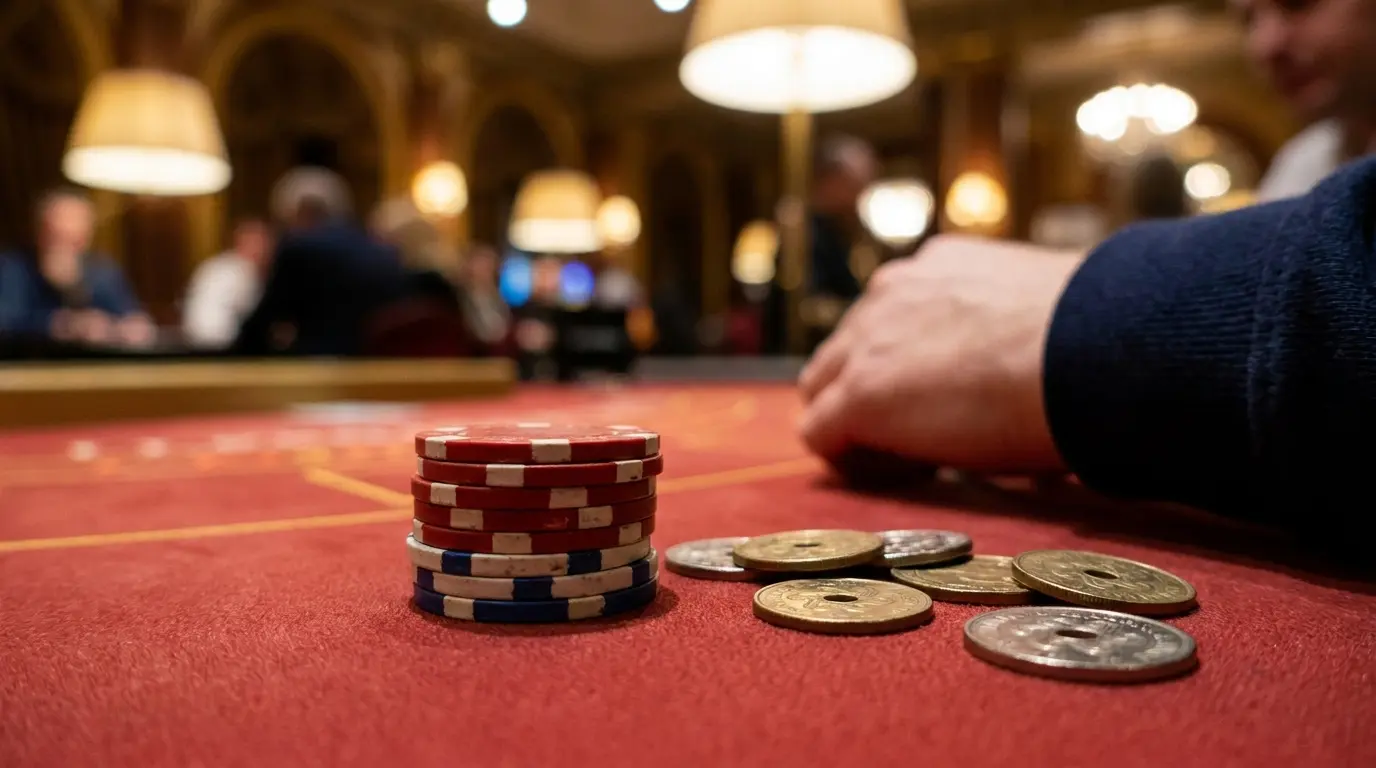 Poker chips og mønter på casino bord med varm belysning