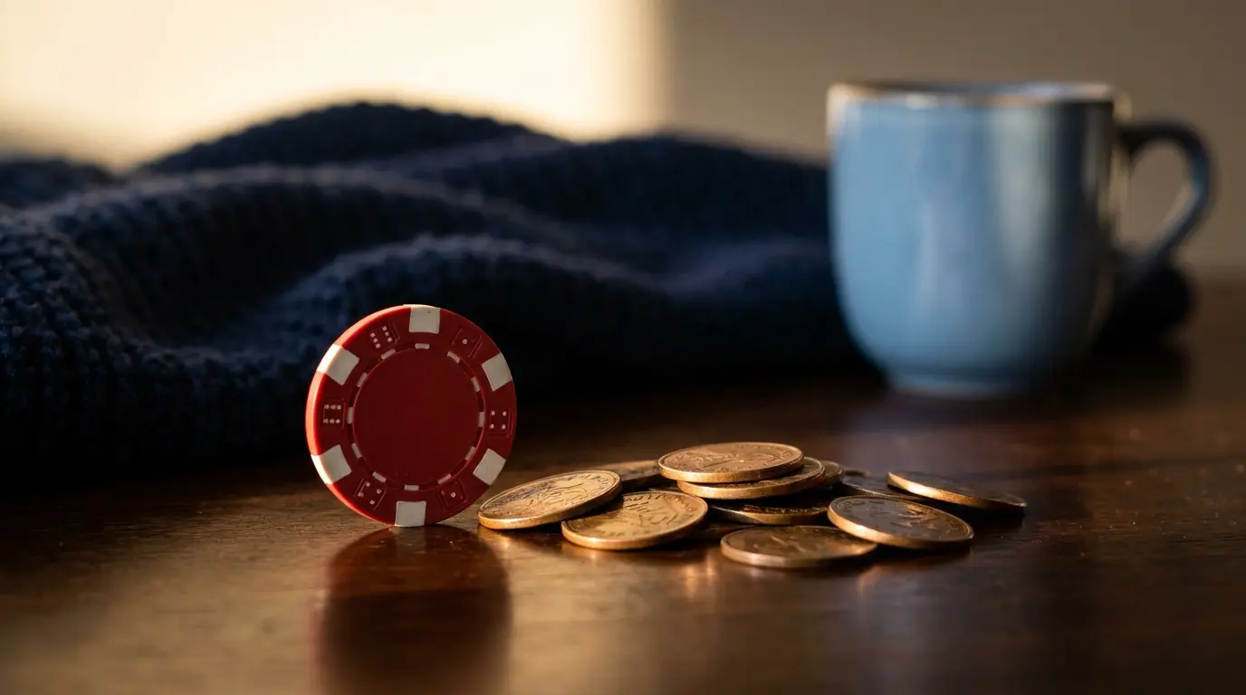 Enkelt casinochip og små mønter på træbord