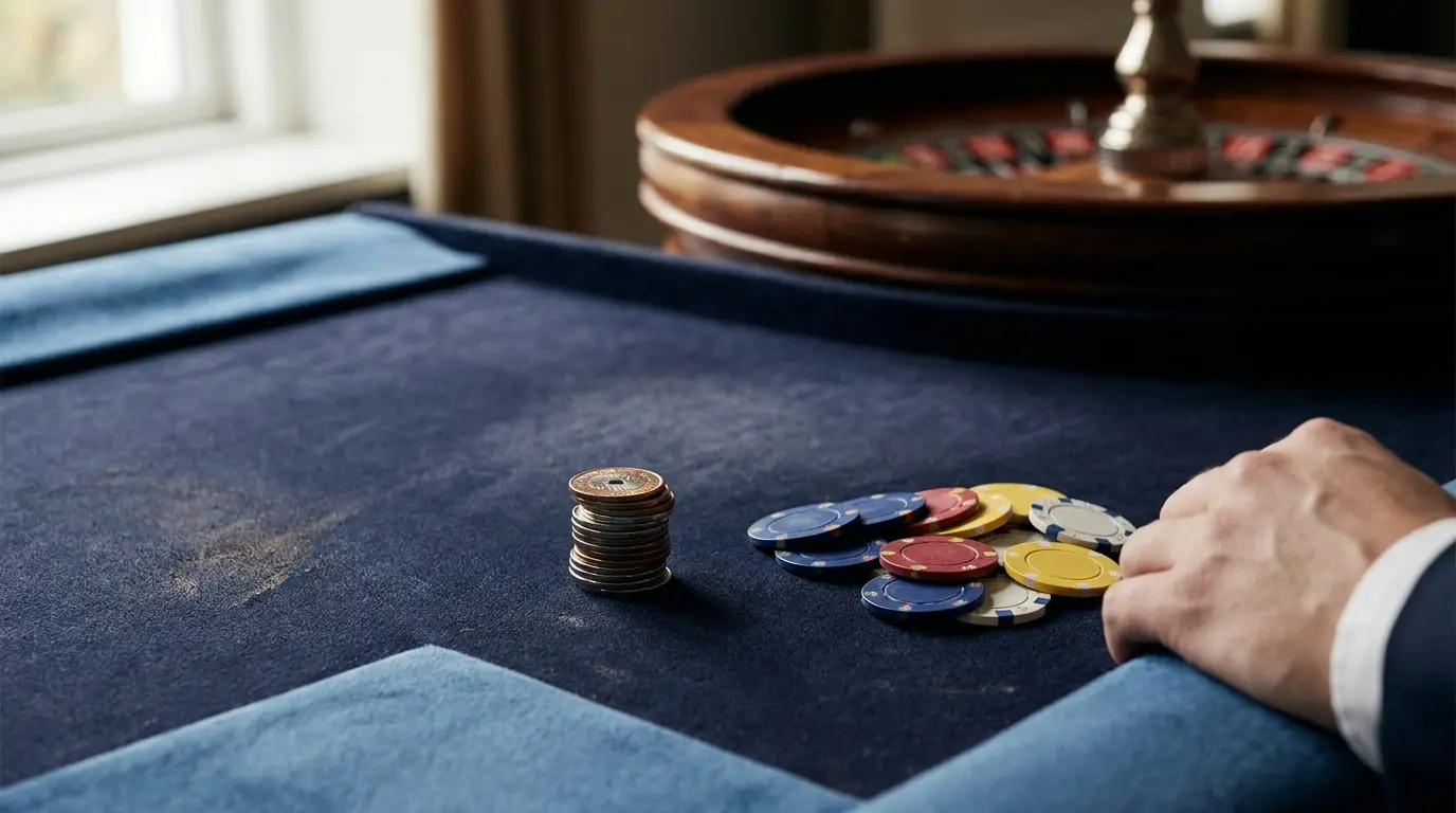 Små mønter ved siden af casinochips på grønt filt bord