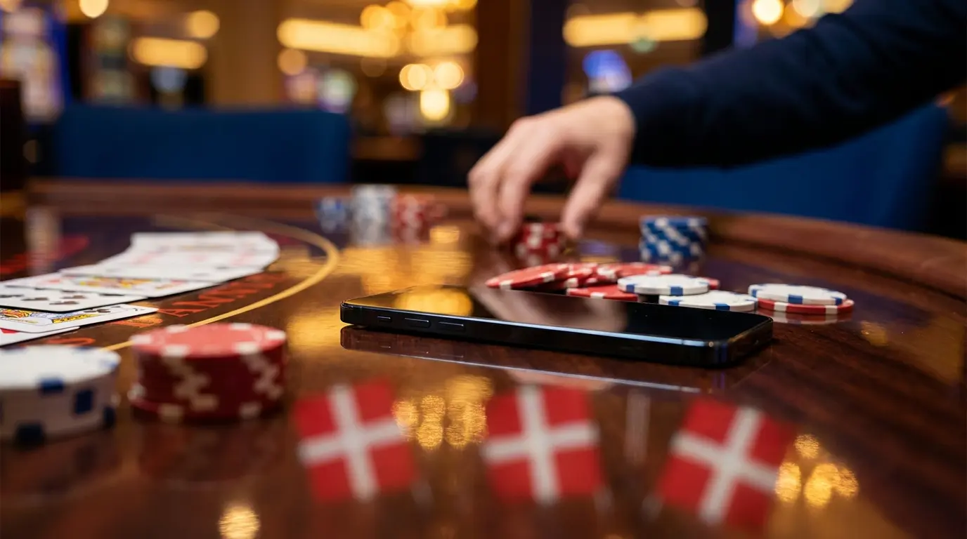 Smartphone på casinobord omgivet af jetoner og spillekort