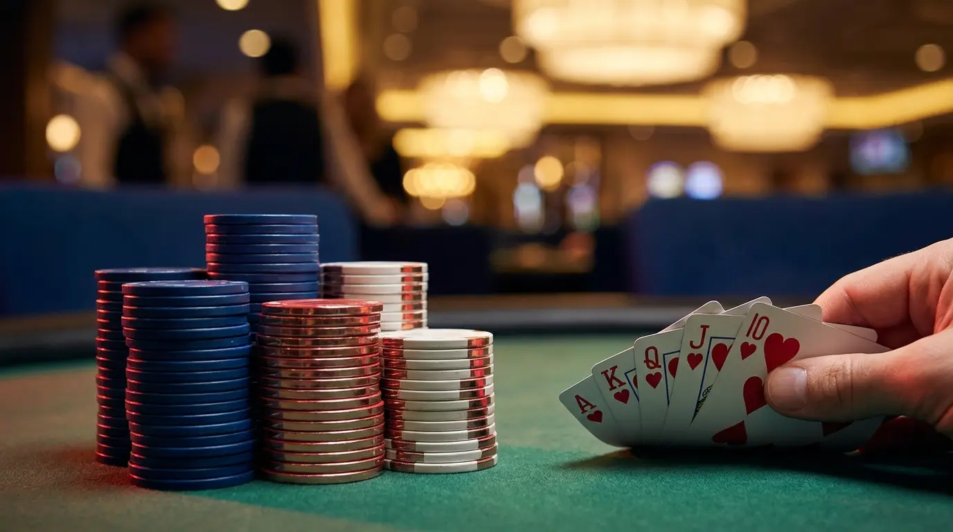 Pokerbrikker og kort på grønt filt bord med dramatisk belysning