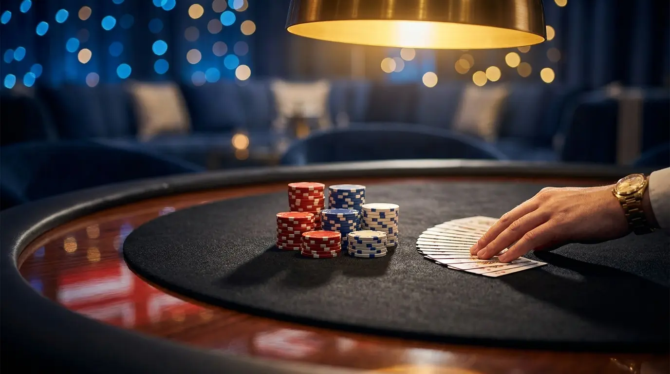 Røde casino jetoner stablet på sort filt med dansk flag farver