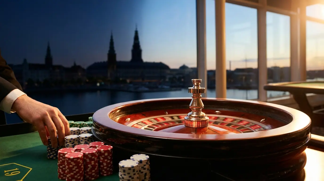 Roulette hjul med casino chips og København silhuet baggrund