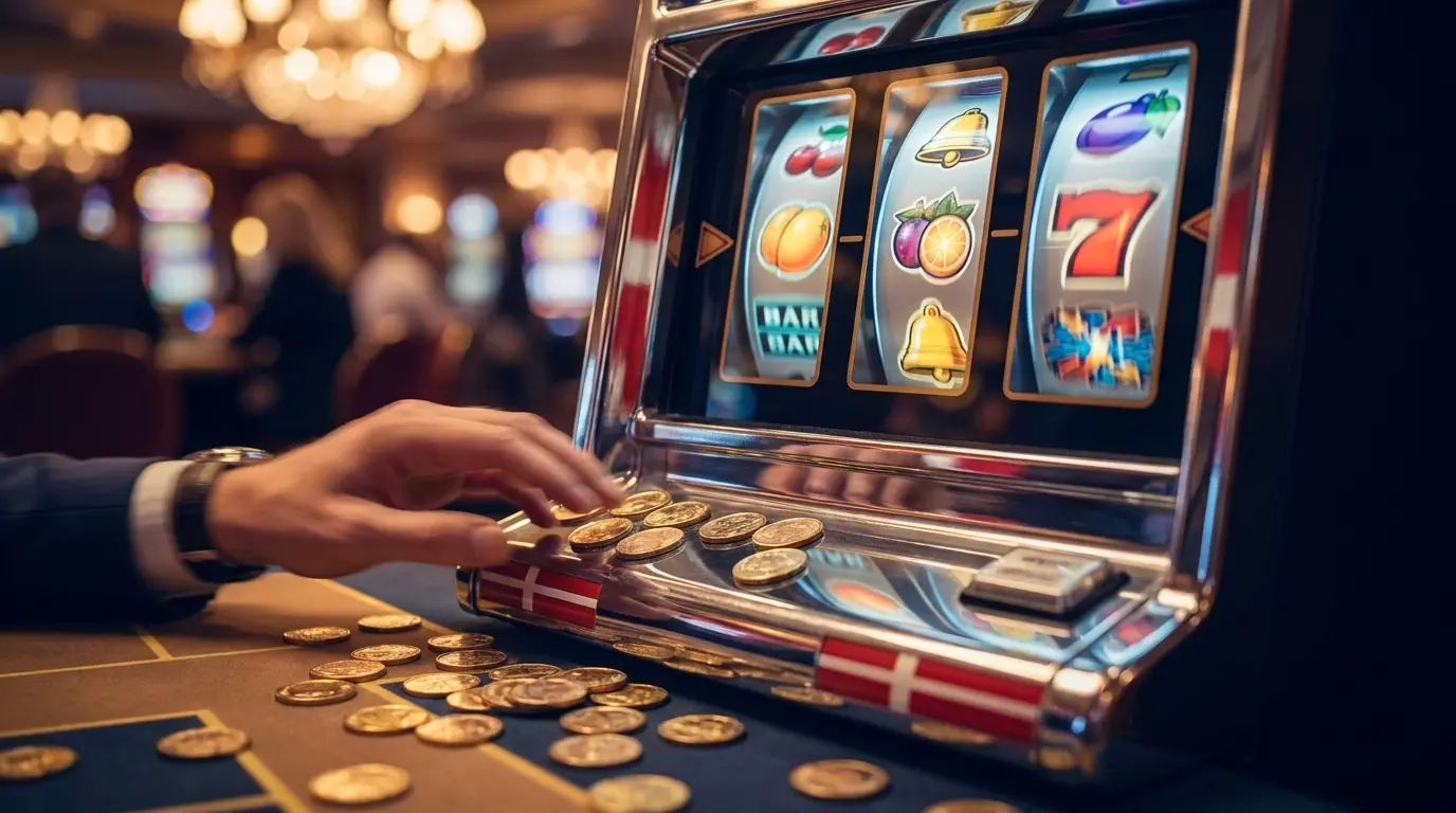 Spilleautomater med gyldne mønter og dansk farvetema