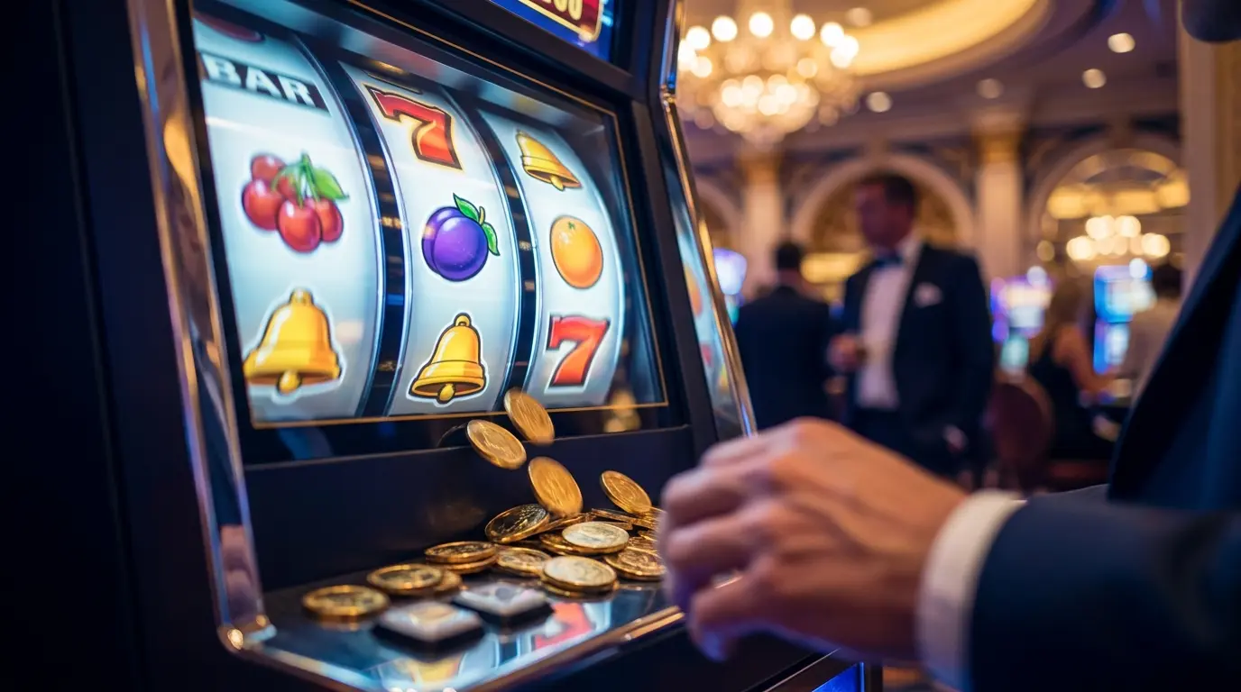 Spilleautomat med guldmønter der falder ned i dynamisk lys