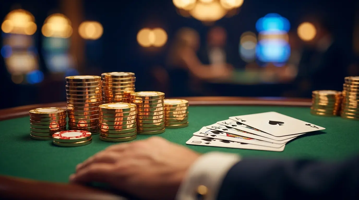 Casinojetoner og spillekort på grønt filt med dansk farvetema