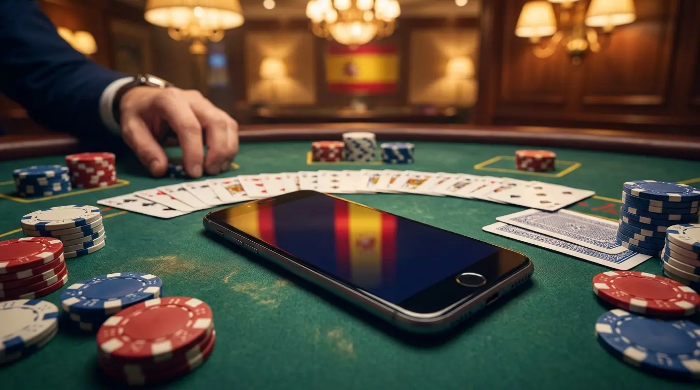 Smartphone en mesa de casino con fichas y cartas de póker
