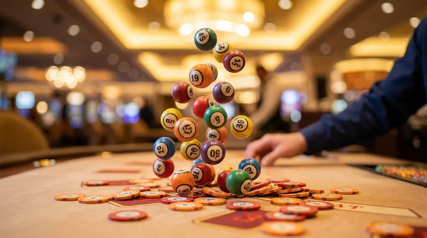 Bolas de bingo cayendo sobre fichas de casino con iluminación cálida
